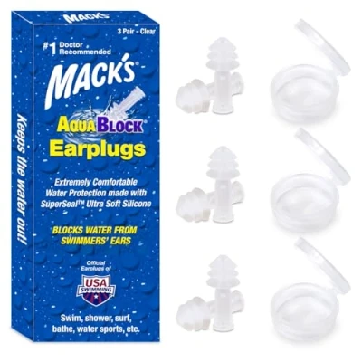 Image of Mack&#039;s AquaBlock Swimming Earplugs, 3 Pair Comfortable, Waterproof, Reusable Silicone Ear Plugs for Swimming, Snorkeling, Showering, Surfing and Bathing (Clear)