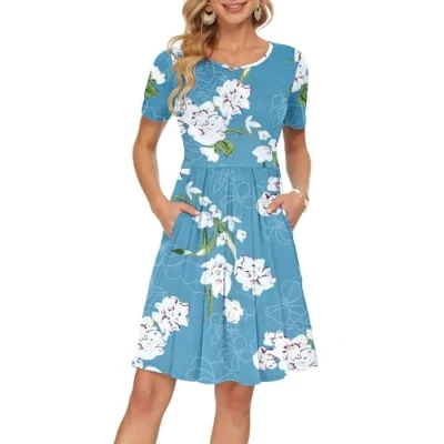 Image of AUSELILY Women&#039;s Dresses Short Sleeve Pleated Loose Swing Casual Dress with Pockets Knee Length Floral Light Blue 2XL