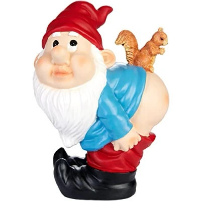 Image of BRUBAKER Garden Gnome Shows His Butt Cheeky with Lowered Trousers and Squirrel Funny Figur Weatherproof Decoration for Camping Outdoor 8 inches tall