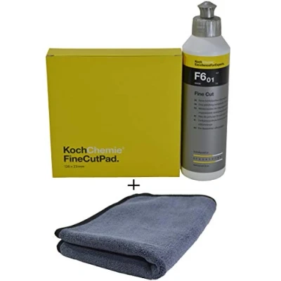 Image of Koch Chemie polish Set Pad (Various Diameters) + F6.01 250 ml ADVANTUSE Microfibre Cloth (Fine Cut 125 mm or 126 ml).