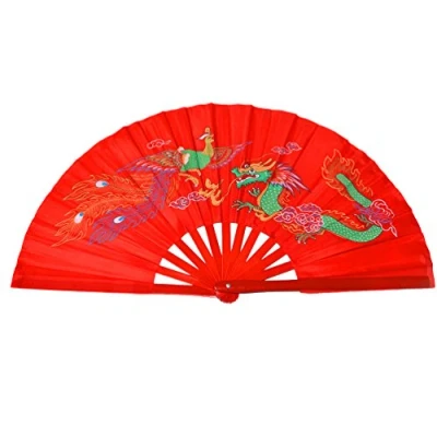 Image of Medifier Chinese Kung Fu Tai Chi Fan Arts Dance/Practice Performance Bamboo Folding Dragon And Phoenix red background