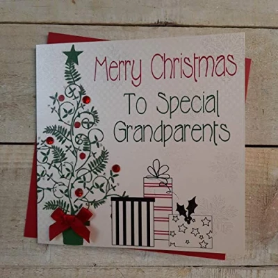 Image of White Cotton Cards Merry Special Grandparents Handmade Christmas Card (Tree &amp; Presents Code fp44)