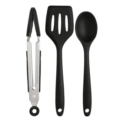Image of Wiltshire Silicone Mini Kitchen Tongs, Serving Spoon &amp; Turner Set of 3, Cooking Tongs Spatula, Salad Stainless Steel, Heat Resistant, Non Stick, Scratch, Midnight Black