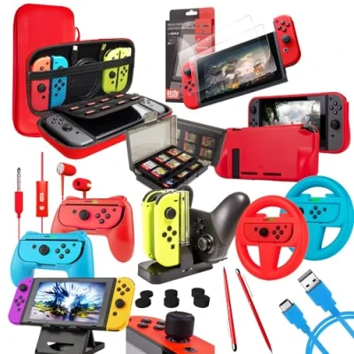 Image of Orzly Accessories Bundle Compatible with Nintendo Switch Geek Pack: Case &amp; Screen Protector, Joycon Grips Racing Wheels, Controller Charge Dock, Comfort Grip More ColorPop