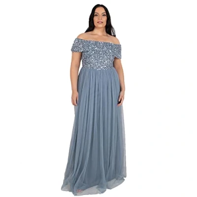 Image of Maya Deluxe Women&#039;s Ladies Bardot Dress Maxi Embellished Hight Empire Waist Sleeveless Tulle for Wedding Guest Prom Graduation Bridesmaid, Dusty Blue, 20