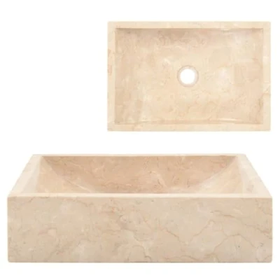 Image of vidaXL High Gloss Marble Sink 45x30x12 cm, Elegant Cream Bathroom/Washroom Basin, Fully Handmade, Sturdy, Easy to Clean