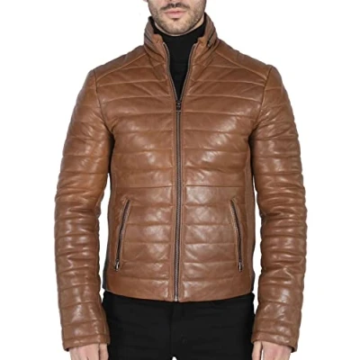 Image of TruClothing Men&#039;s Puffer Jacket Outwear Windproof Winter Quilted Real Leather Jackets Coat Black 3XL