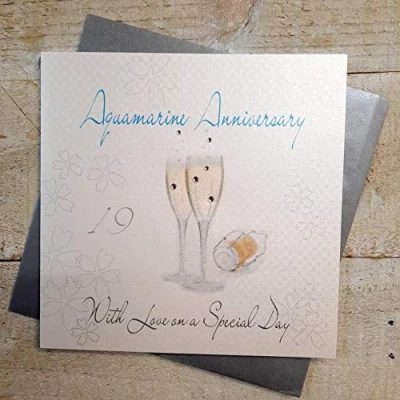 Image of WHITE COTTON CARDS Aquamarine Love On Your Special Day, Handmade 19th Anniversary Card (Champagne Glasses)