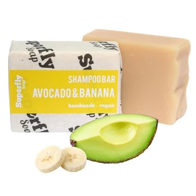 Image of Natural Solid Shampoo Bar with Avocado from Superfly Soap.. Banana Scented. Handmade. Nourishing 98% naturally derived ingredients, vegan friendly for normal to dry and coloured hair. Min100g