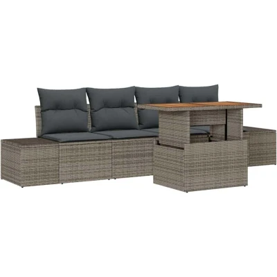 Image of vidaXL 5 Piece Garden Dining Set with Cushions Grey Poly Rattan Acacia