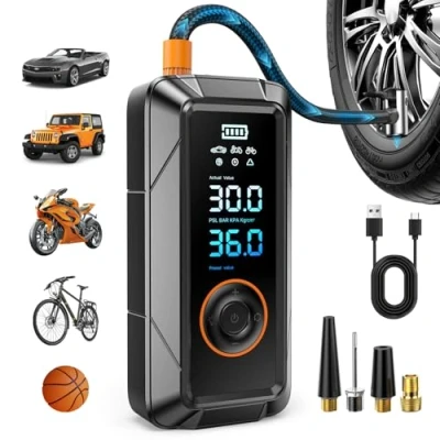 Image of Cordless Tyre Inflator Air Compressor, Rechargeable Battery 150PSI Portable Car Pump, Electric Digital Pump with LED Light for Motorcycle Bicycle