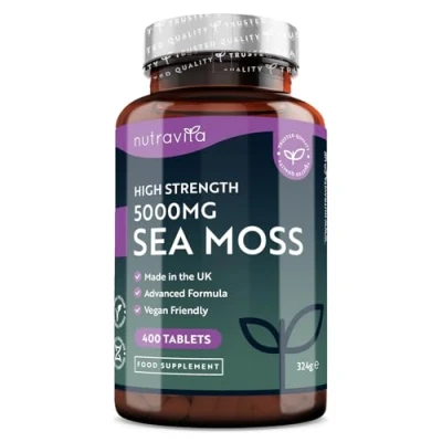 Image of 5000mg Sea Moss Tablets 400 Irish Vegan Supplements for 6.5 Months of Supply, Contributes to Normal Energy Yielding Metabolism, Skin &amp; Cognitive Function (EFSA) Made in The UK by Nutravita