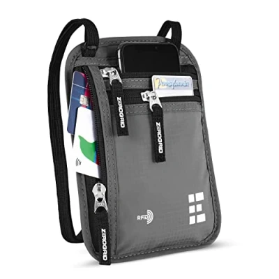 Image of Zero Grid Neck Wallet w/RFID Blocking Concealed Travel Pouch &amp; Passport Holder (One Size, Ash)