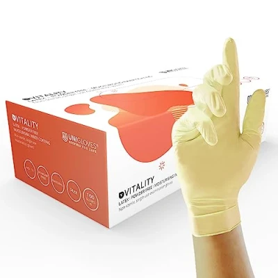 Image of Unigloves Vitality GD0025 Moisturising Latex Examination Multipurpose, Powder Free Disposable Gloves, Box of 100 Natural, Extra Large