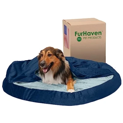 Image of FurHaven 44&quot; Round Memory Foam Dog Bed For Large Dogs w/Removable Washable Cover, Up to 80 lbs Microvelvet Snuggery Navy (Blue), 44 inch