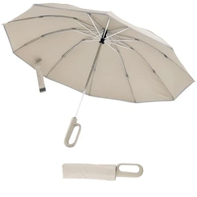 Image of Ring Buckle Travel Umbrella, Compact Strong Windproof Umbrella with Reflective Safety Strip,Automatic Reverse Folding Lightweight for Wind Rain Sun Men and Women(beige)