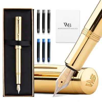 Image of Wordsworth and Black Fountain Pen Mini EDC: Luxury Gold Heavy Pocket Pen, Finish, Medium Nib, 6 Ink Cartridges, Converter, Travel Refillable Writing Gift Set, Men &amp; Women