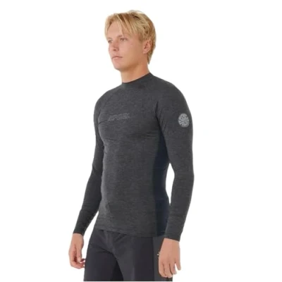 Image of RIP CURL Mens Dawn Patrol Performance UPF Long Sleeve Rash Vest Top Black Marled UV Sun Protection and SPF