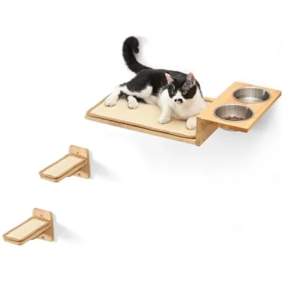 Image of FUKUMARU Cat Wall Shelves, 3 in 1 Furniture Set, Food Station with 2 Steps, Solid Rubber Wood Perch, Suitable for Cats Play, Nap, Eat, DIY Jungle Gym