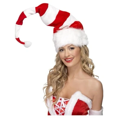 Image of Smiffys Striped Santa Hat, Red &amp; White with Wire, Christmas Fancy Dress Accessory, Up Hats