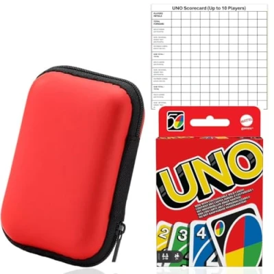 Image of BUSHE Products Uno Card Game, Case and 5 x Scorecards Playing Cards, Travel Games, Kids Games for Adults, Game Night, Family