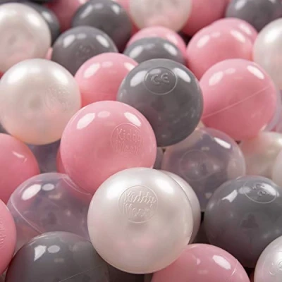 Image of KiddyMoon Soft Plastic Play Balls 300 Balls/7Cm 2.75In Multi Colour Made In EU, Pearl/Grey/Transparent/Light Pink