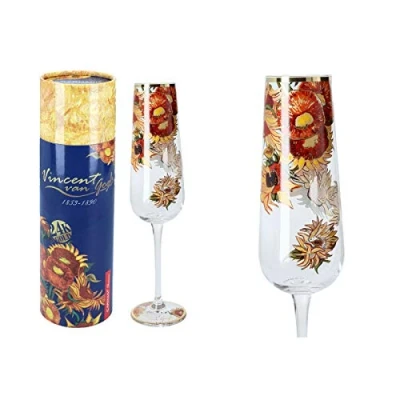 Image of Carmani Lovely Champagne Flute Glass Decorated with &#039;Sunflowers&#039; by Vincent Van Gogh 220 ml