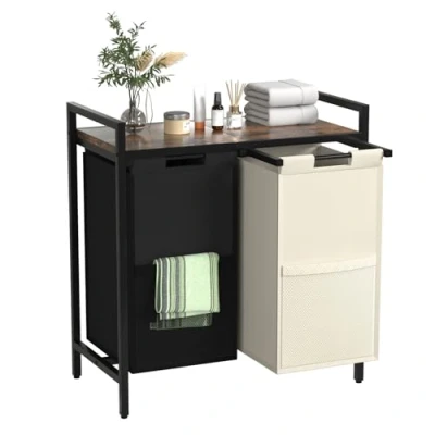 Image of Laundry Basket, 2 Compartments,Dirty Basket,Laundry Hamper Bins Sections, Double Washing Basket Organiser with Removable Oxford Cloth Bags, Metal Frame (Black+white)