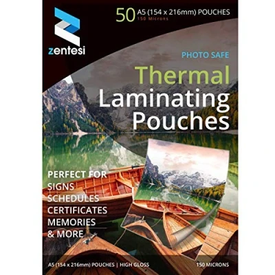 Image of Zentesi A5 Laminating Pouches High Gloss Laminator Sleeves 150 Micron (75 + 75 Microns) Glossy Laminate Pouch Sheets Pack of 50