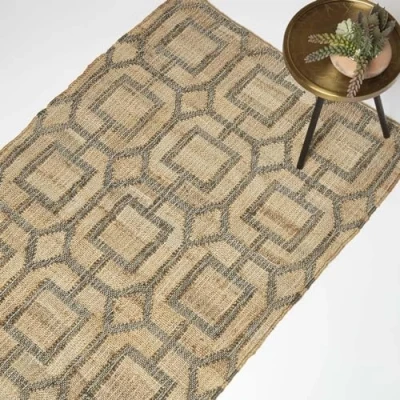 Image of HOMESCAPES Brown Handwoven Rug 90 x 150 cm Jute &amp; Cotton Living Room Area ‘Tiran’ with Traditional Geometric Pattern