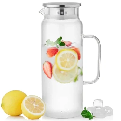 Image of MESNEY 53oz Glass Pitcher with Lid Borosilicate Water Jug for Hot/Cold Drinks, Iced Tea, Coffee, Juice, 1580ml Large Carafe Stainless Steel Filter Lid, Dishwasher Safe