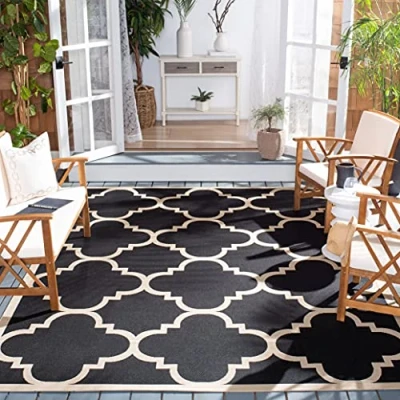 Image of Safavieh Trellis Rug for Indoor &amp; Outdoor Courtyard Collection, Short Pile, in Black and Beige color, 160 X 231 cm