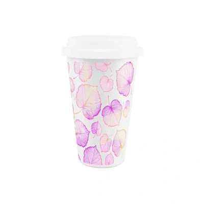 Image of Delicate Spring Leaves Ceramic Travel Mug Pink/Purple Foliage Reusable Silicone Lid Double Walled Insulated Hot/Cold Drinks Tea Coffee Gift