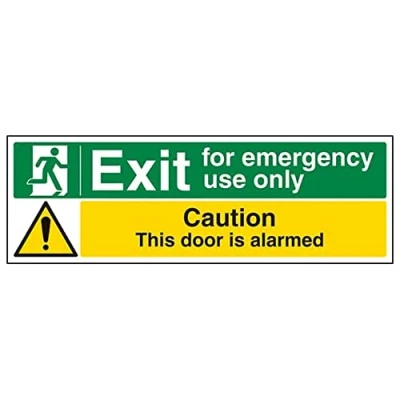 Image of V Safety Safe Condition Exit for Emergency Use Only/Door Alarmed 300 x 100 mm Restickable Sign