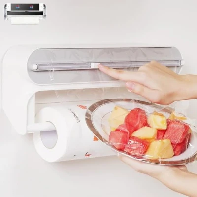 Image of Quasziwa Magnetic Cling Film Dispenser and Cutter Advanced 2 in 1 Wall Mounted Kitchen Roll Holder, Refillable Wrap &amp; Aluminium Tin Foil with Paper Towel Fits 12&quot; Roll, Grey