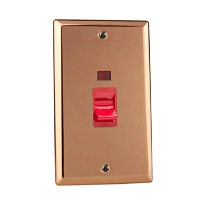 Image of Varilight 45A Cooker Switch + Neon (Vertical Twin Plate, Red Rocker) Polished Copper