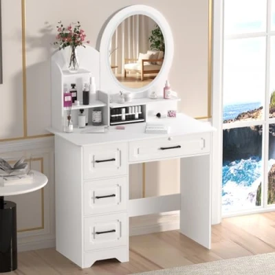 Image of Makeup Desk with Mirror,White Vanity Table 4 Drawers,Vanity for Bedroom 3 Lighting Colors,Large Storage Shelves,Makeup Light,Bedroom Dressing