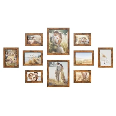 Image of SONGMICS Set of 10 Picture Frames, Two 20 x 25 cm (8 Inches), Four 13 18 (5 7 15 (4 6 Plastic Front, MDF, Rustic Brown RPF310X01