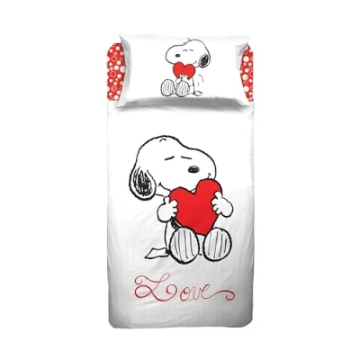 Image of hermet Snoopy Peanuts Single Bed Sheet Set, Top Sheet, Fitted Pillowcase, White, 100% Cotton, Official Product