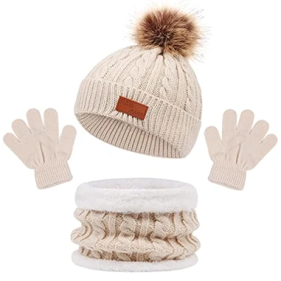 Image of 3Pcs Kids Winter Beanie Hat Scarf Gloves Set for 1 5 Years Old Boys Girls. Accessories Sets Children Outdoor Sports, Knit Thick Warm Fleece Lined Thermal (Beige)