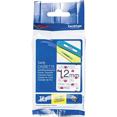Image of Brother TZe MPPH31 Labelling Tape Cassette, Black on Pink Hearts, 12 mm (W) x 4 m (L), Laminated, Genuine Supplies