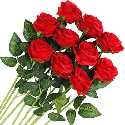 Image of Veryhome 10 Pcs Women&#039;s Day Artificial Roses Silk Flowers Fake Single Stem Blooming Rose Bridal Bouqets For Wedding Home Birthday Party Arrangment Garden Decoration (Red)