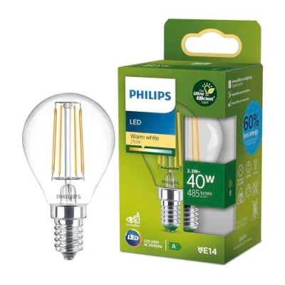 Image of Philips LED Light Bulb, Classic, UltraEfficient, 40 W, 485 Lumen, P45, E14 2700 K, Clear Glass