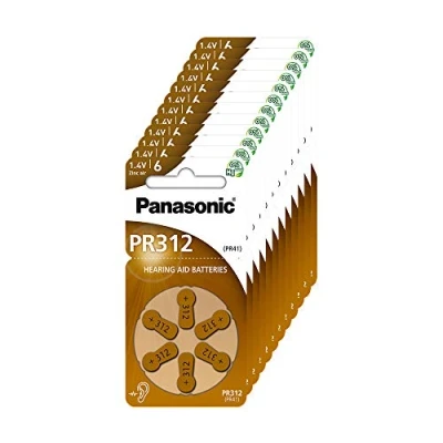 Image of Panasonic PR312 Zinc Air batteries for hearing aids, type 312, 1.4V, aid batteries, 10 packs (60 batteries) brown