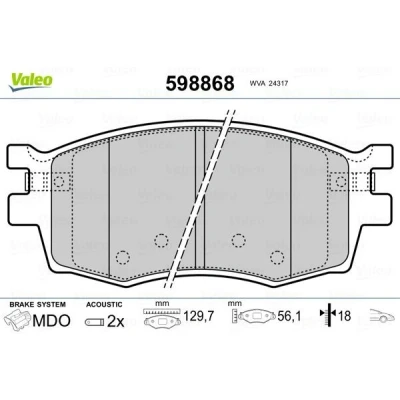 Image of 581011GA00, 581011GA10, 581011GE00, 581011JA10, S581011GE00 Brake pad set VALEO 598868 Front Axle incl. wear warning contact with anti squeak plate