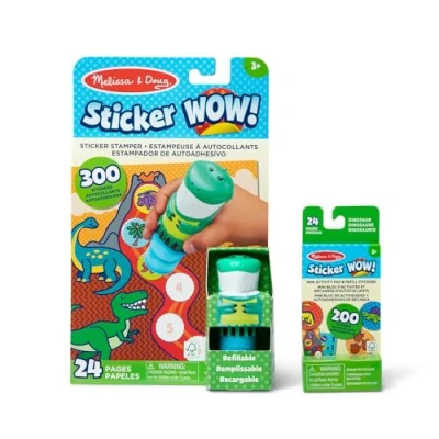 Image of Melissa &amp; Doug Sticker WOW! Dinosaur Bundle: 24 Page Activity Pad, Stamper, Mini 500 Stickers, Arts and Crafts Fidget Toy Collectible Character