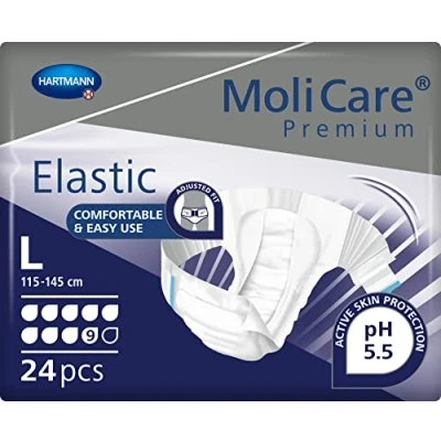 Image of MoliCare Premium Elastic Unisex Disposable Slip: Discreet Use for Woman and Men with Incontinence; 9 Drops, Size L, 3 Packs of 24 (72 Pieces)