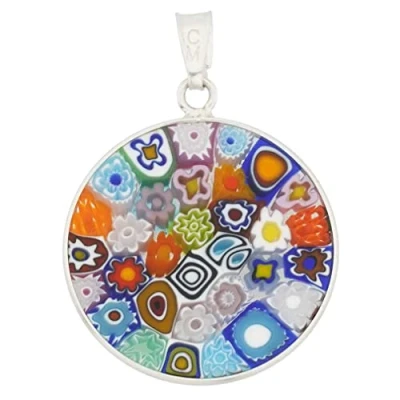 Image of GlassOfVenice Murano Glass Millefiori Pendant Multicolor in Silver Frame 7/8&quot;