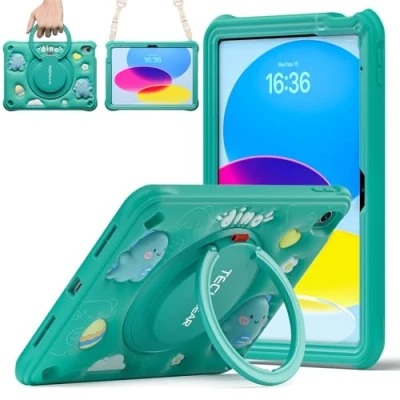 Image of TECHGEAR BubblyToons Kids Case for Apple iPad 10th Generation 10.9&quot; / 10 2022 Nursery Schools Child Friendly Soft &amp; Rugged Tough Case, 360 Rotating Stand Ring Grip Hand Holder Dinosaur