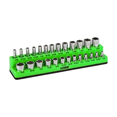 Image of ARES 60005 26 Piece 1/4 in SAE Magnetic Socket Organizer GREEN Holds 13 Standard (Shallow) and Deep Sockets Perfect for your Tool Box Also Available RED